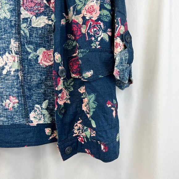 Maurices Lightweight Button Up Jacket Blue/Multi Floral 3/4 Roll Tab Sleeve S - Picture 4 of 9